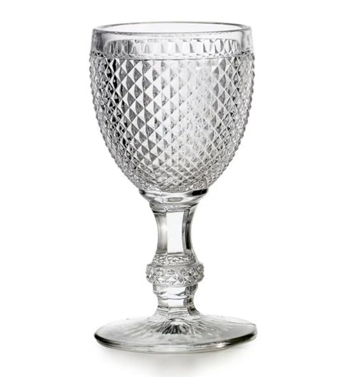 Clear glass goblet with diamond pattern on a white background