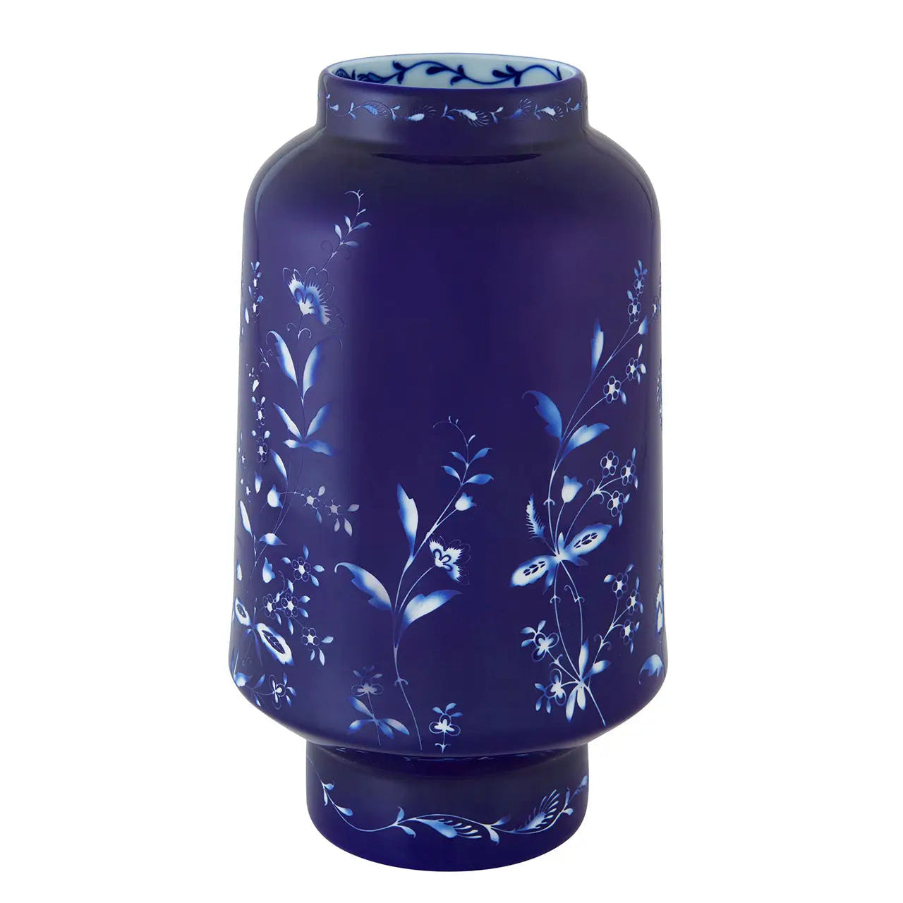 Blue vase with floral patterns on a white background