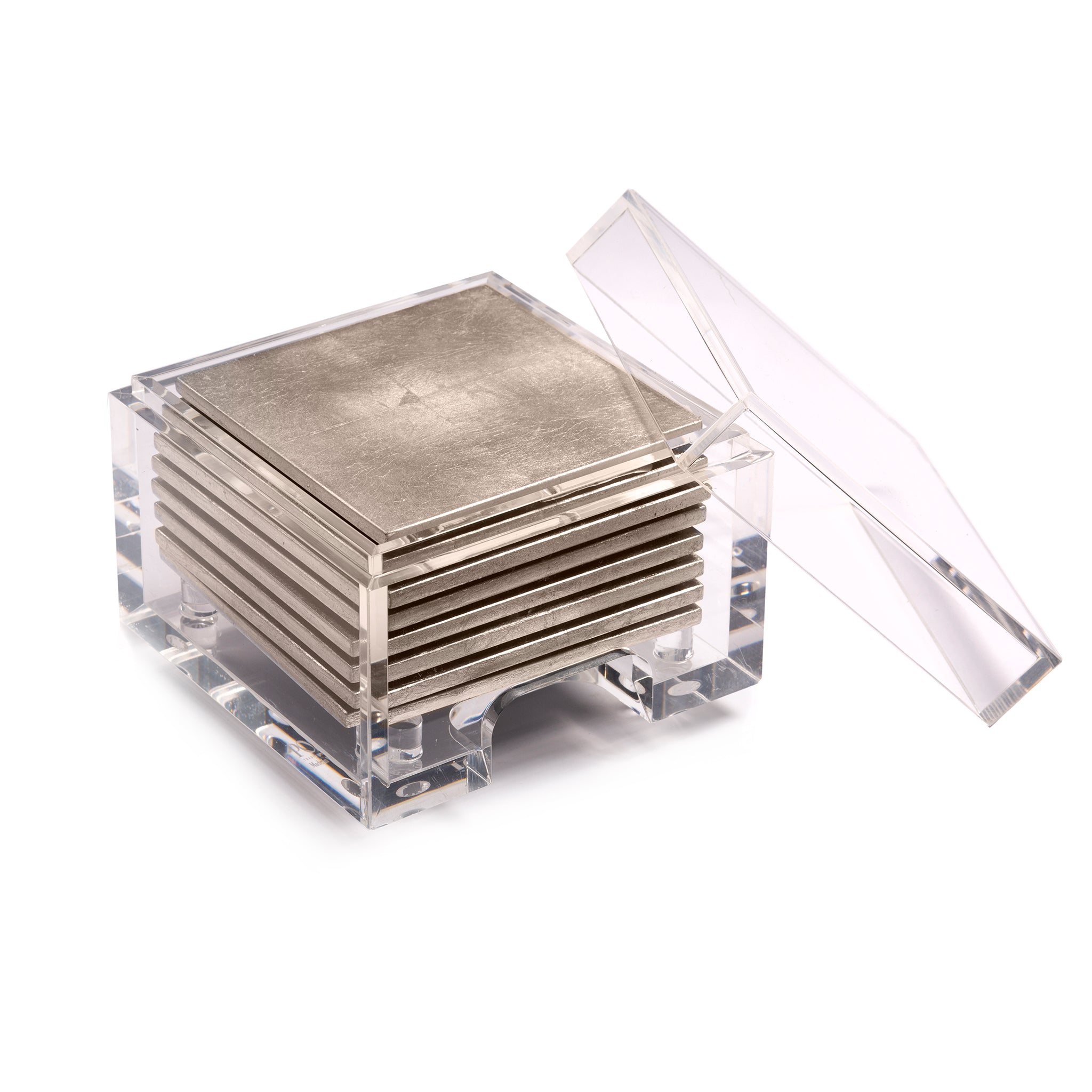 Stack of metal square tiles in a clear acrylic box on a white background