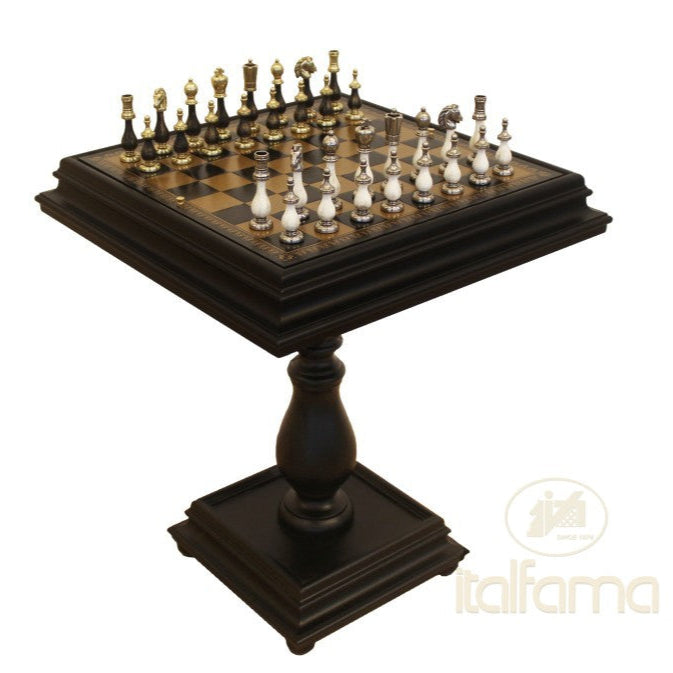 Wooden chessboard with pieces on a white background, featuring the Italfama brand.