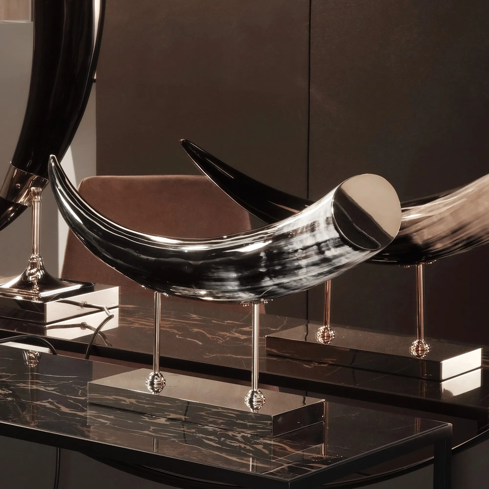 Horizontal Natural Horn Decor on Nickel-Plated Base