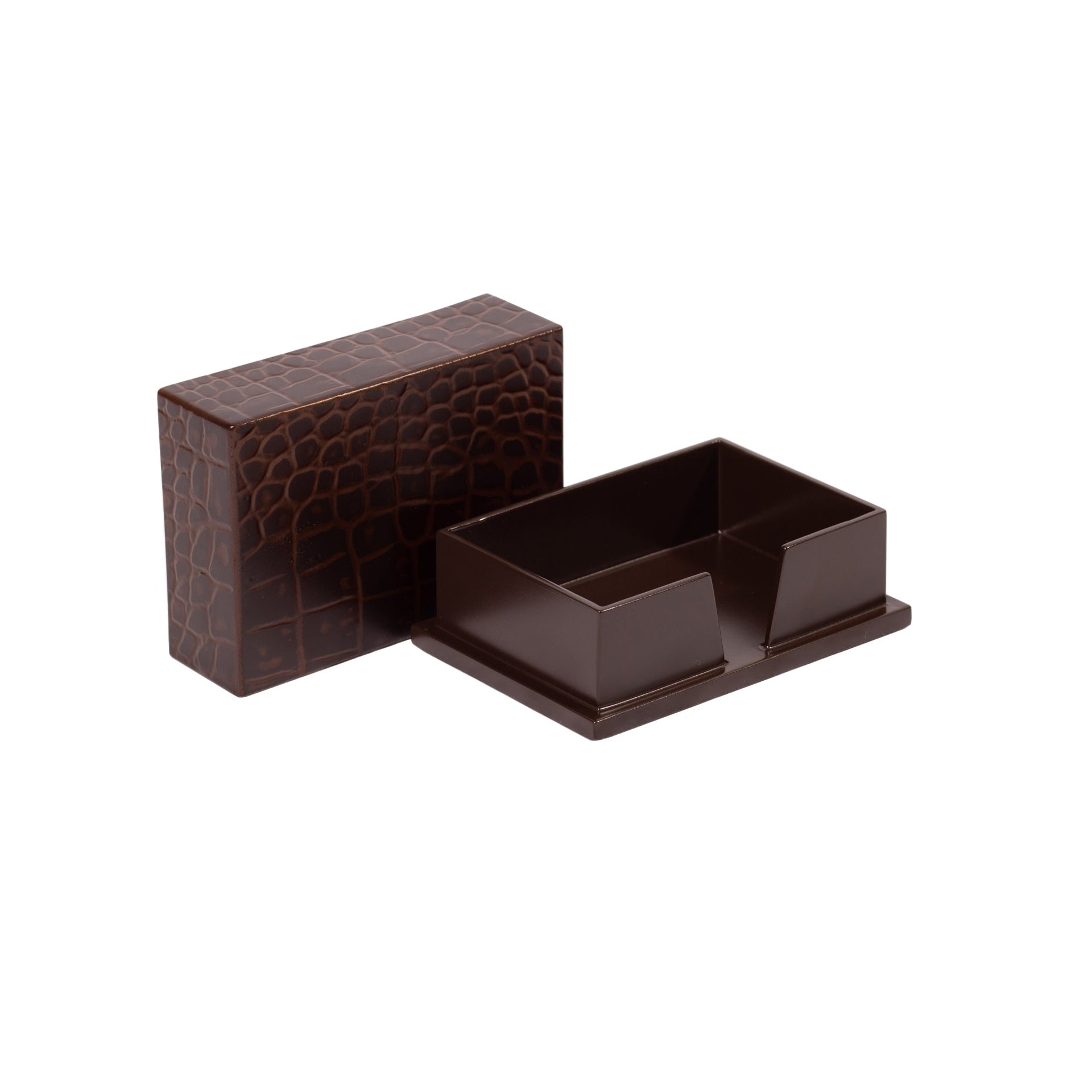 Brown crocodile-patterned desk organizer on a white background