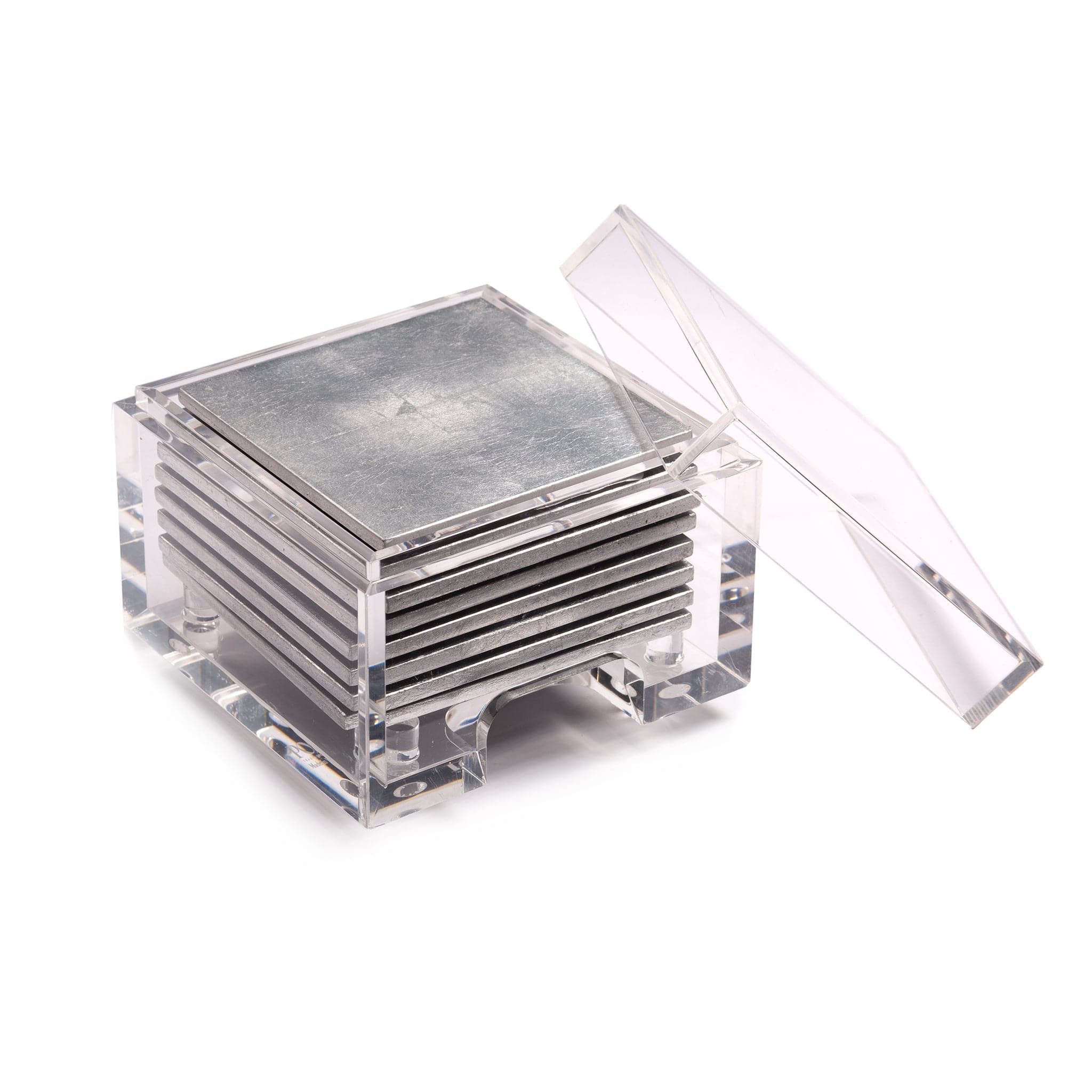 Stack of metal square coasters in a clear acrylic holder on a white background