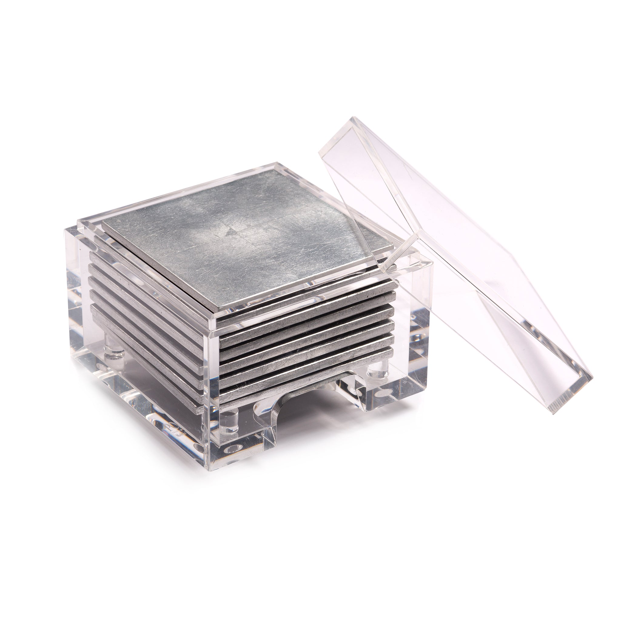 Stack of metal coasters in a clear acrylic holder on a white background