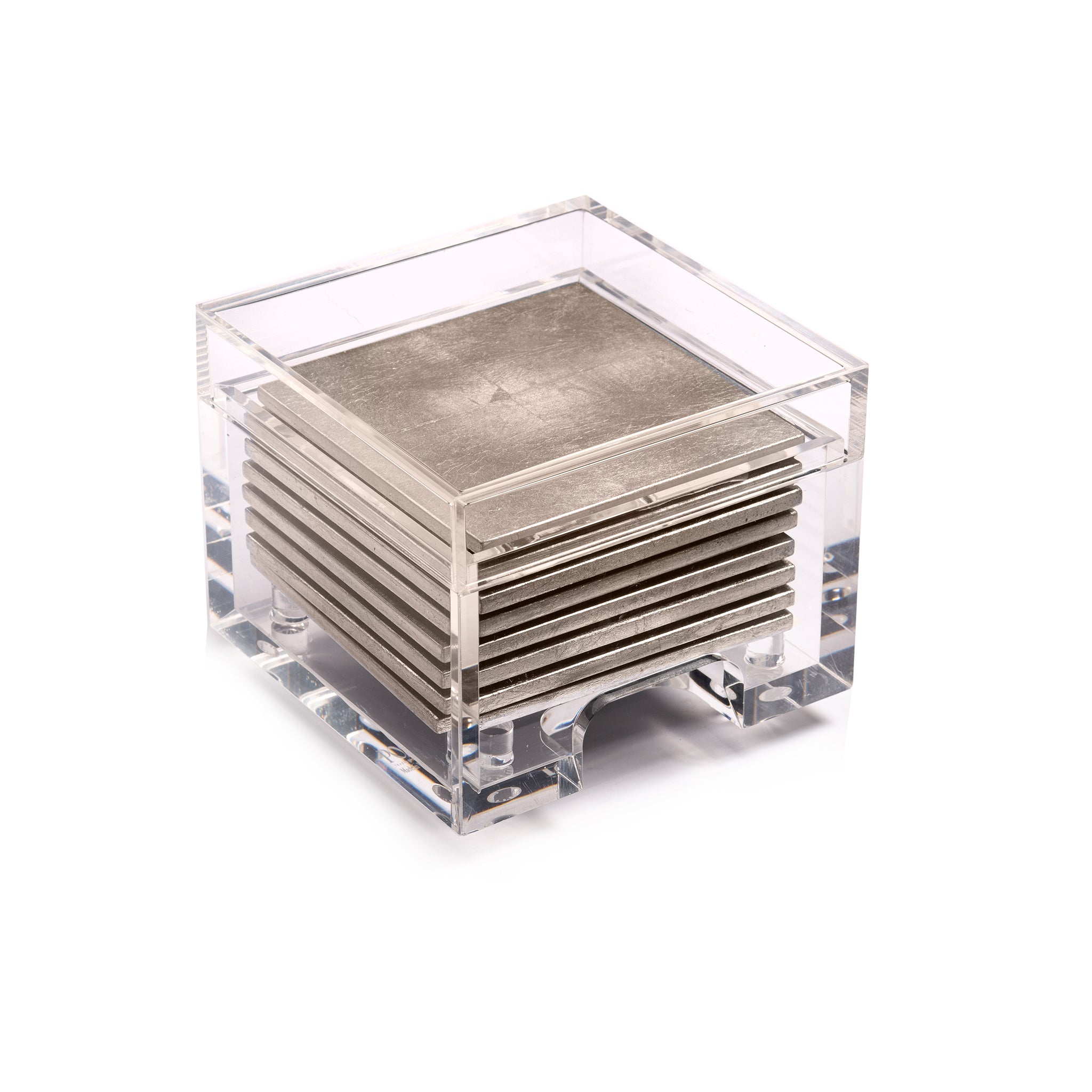 Stack of silver square coasters in a clear acrylic holder on a white background