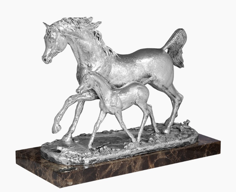 Silver Mare with Foal Sculpture