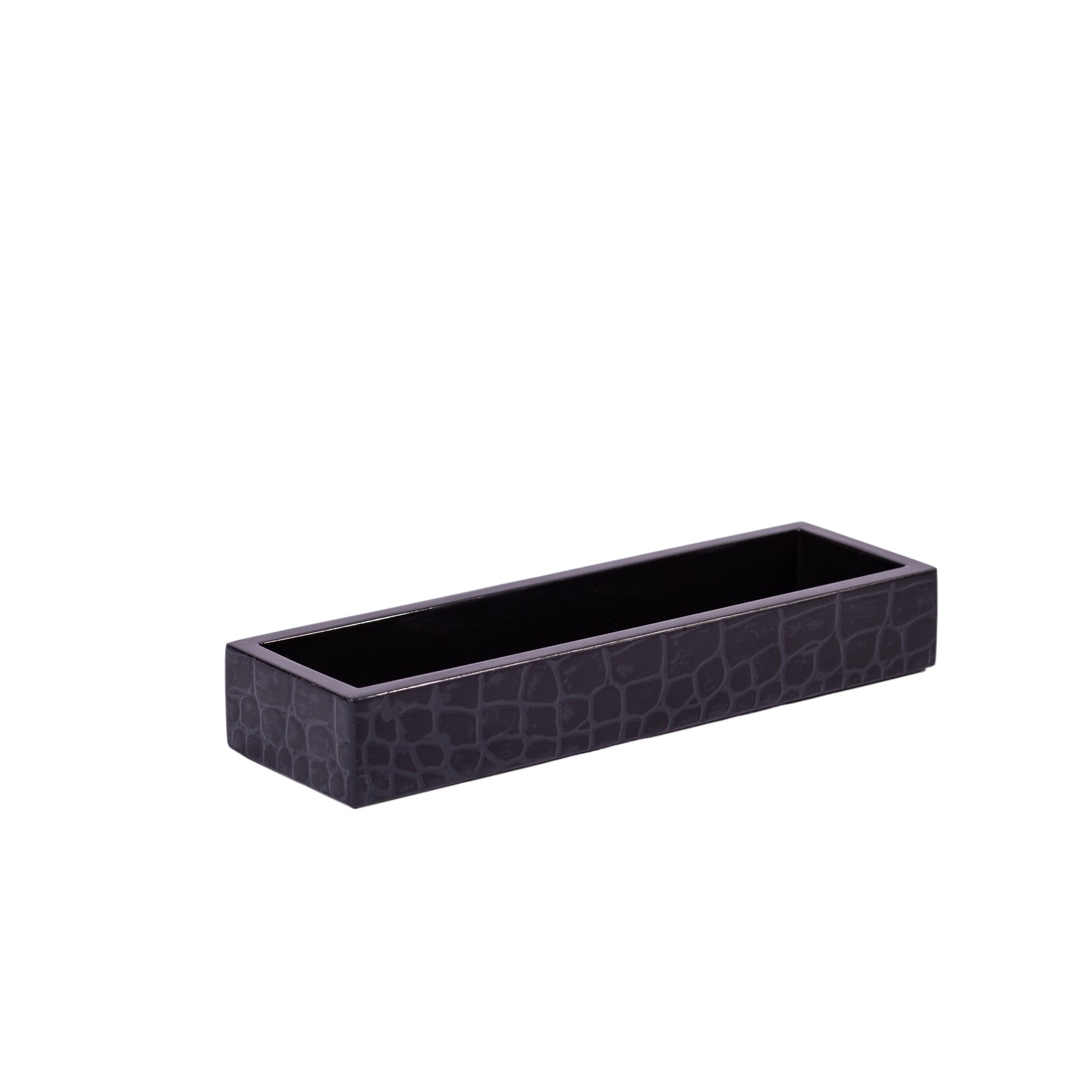 Rectangular black planter with textured surface on a white background