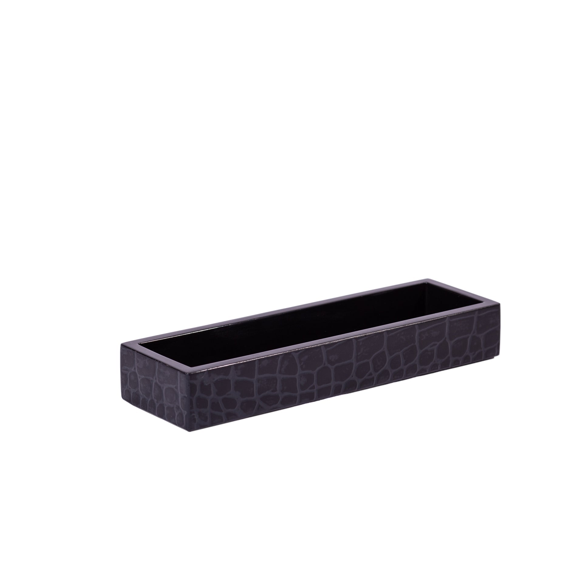 Rectangular black planter with textured surface on a white background