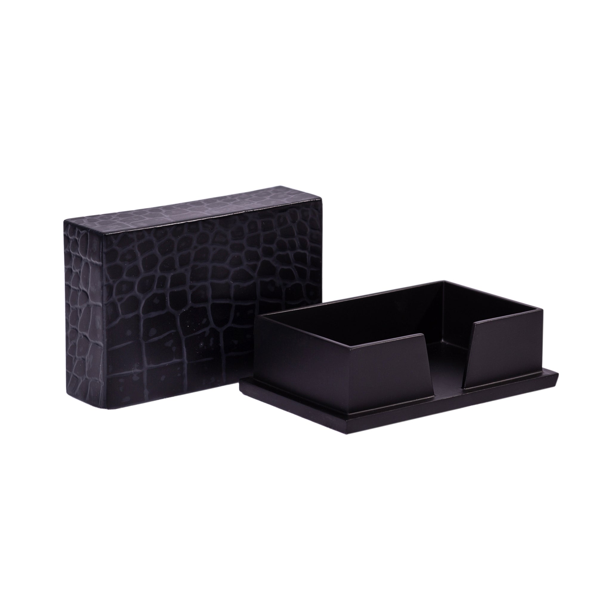 Black crocodile-patterned desk organizer on a white background