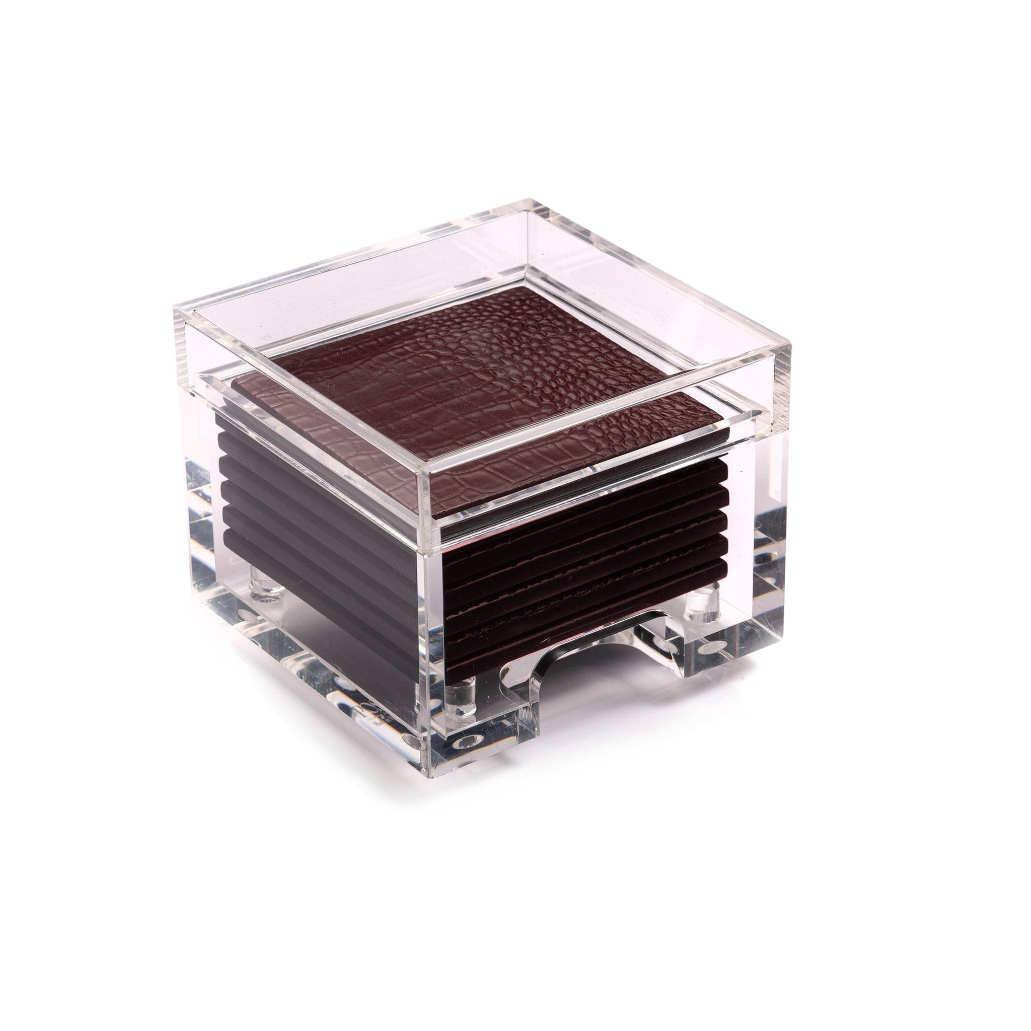 Clear acrylic cube with brown textured interior on a white background