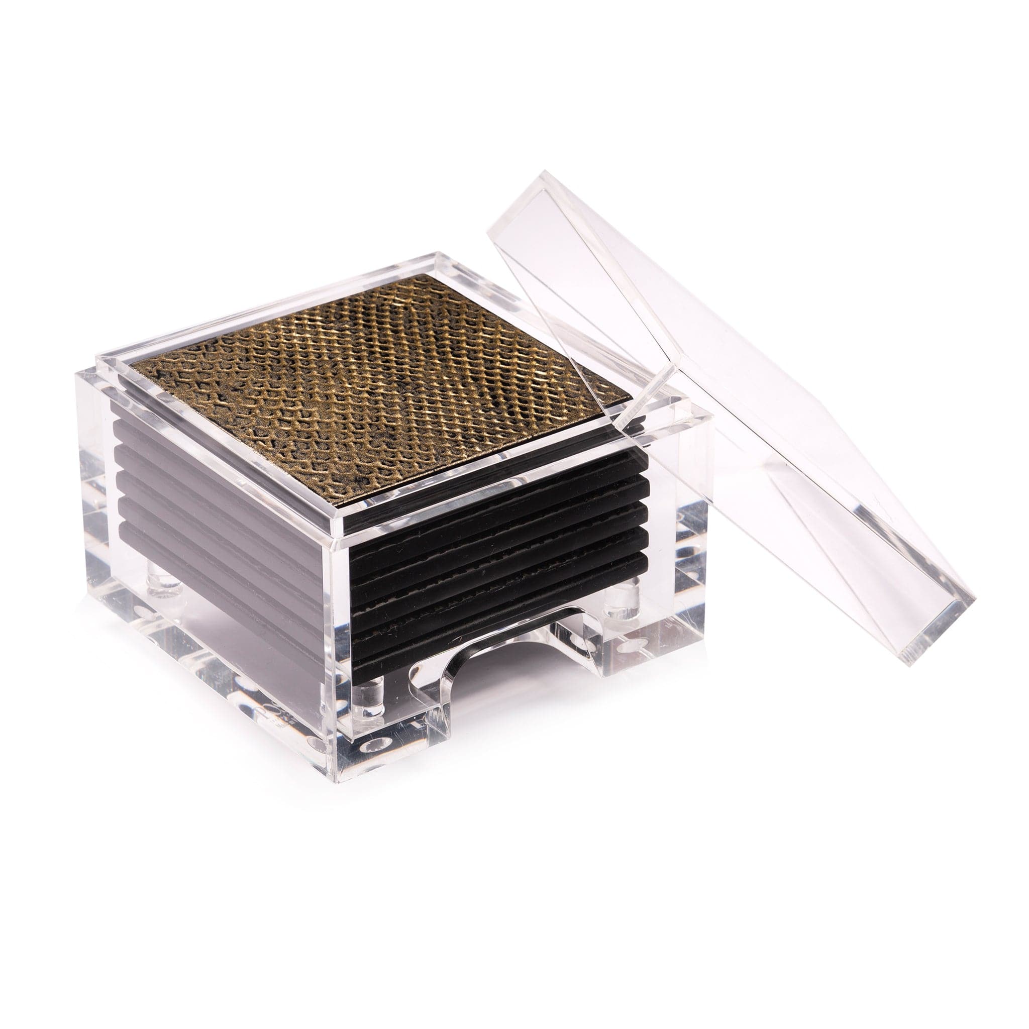 Clear square container with a textured brown top and black bottom on a white background