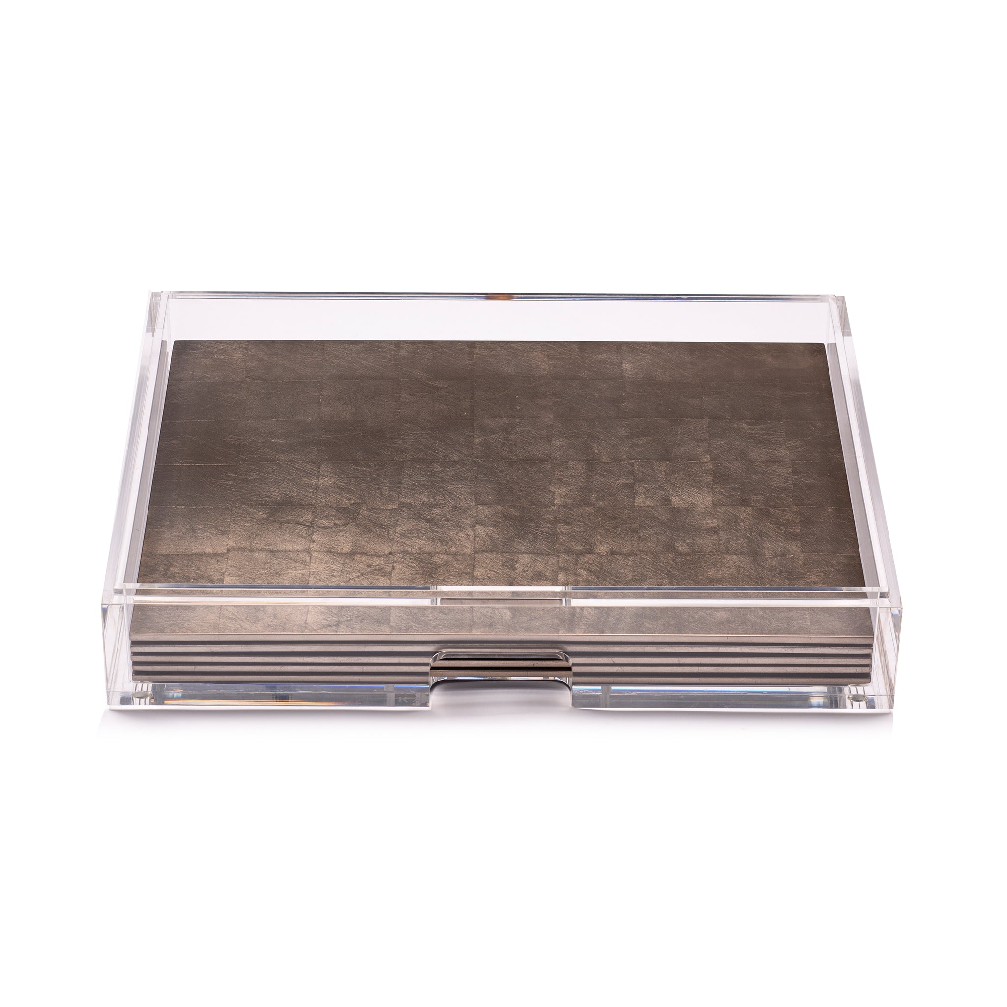 Clear acrylic card holder with a textured brown interior on a white background