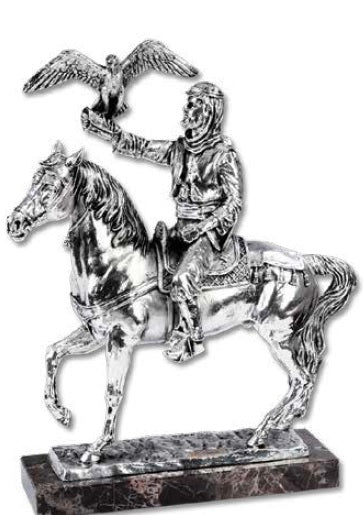 Silver Arabian Rider with Falcon Sculpture