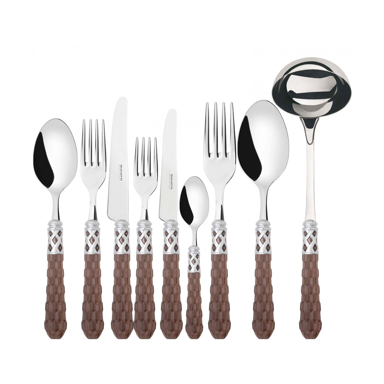 طقم بوهيميا بحلقة كروم – لون توباكو شفاف – 75 قطعة – صندوق خشب وينجي