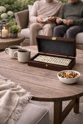 DOMINO SET in Brown Leather Ostrich tote wooden case by Manopoulos - Main View