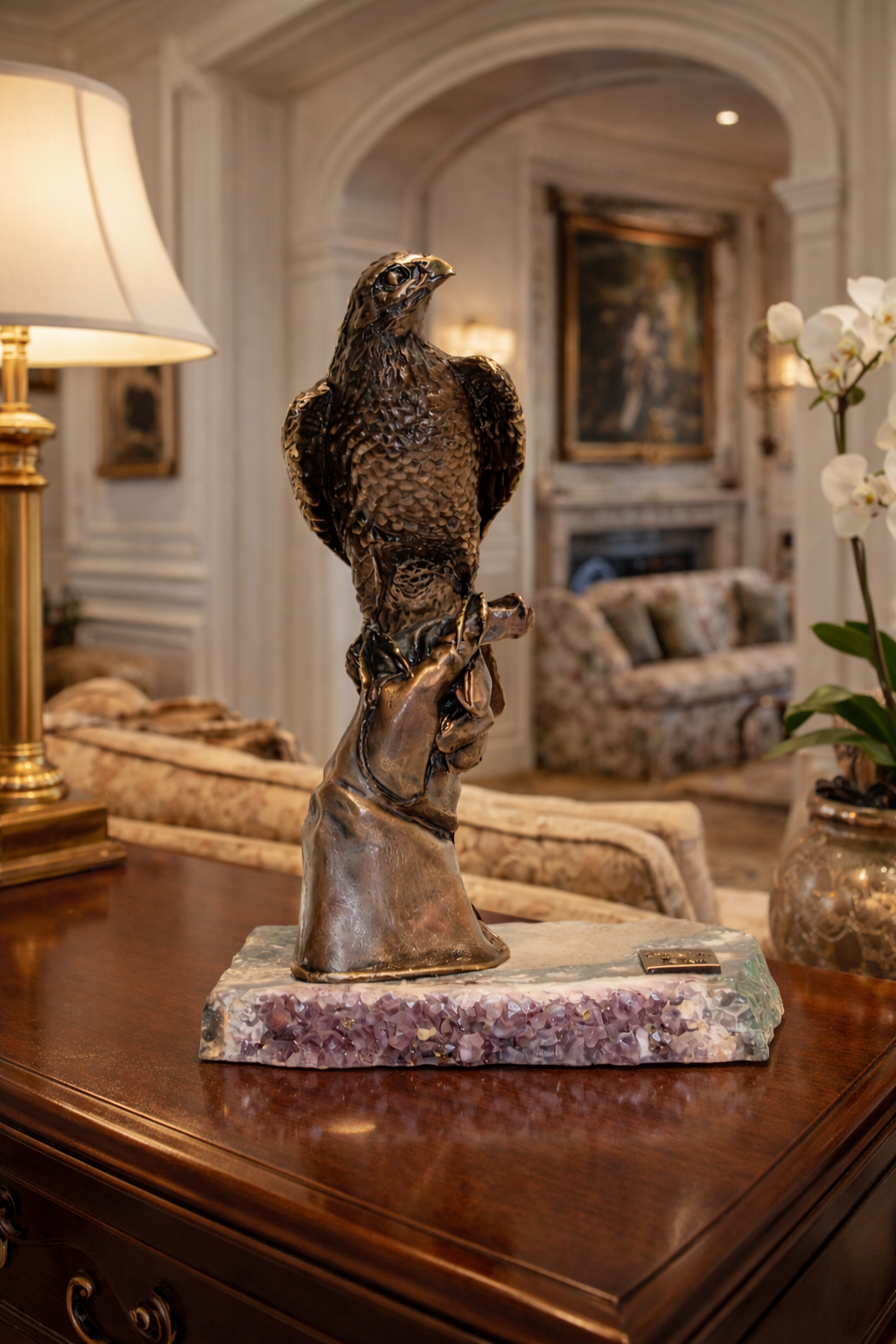 Falconry - hawk sculpture with precious stones by Ebano - Main View