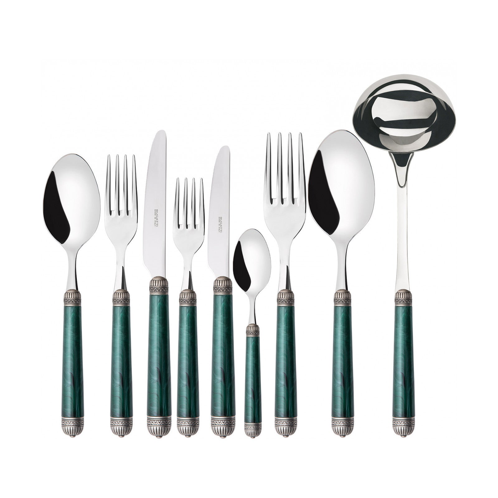 طقم دوريكو بحلقة مطلية بالفضة العتيقة – 75 قطعة – لون أخضر رخامي – صندوق خشب وينجي