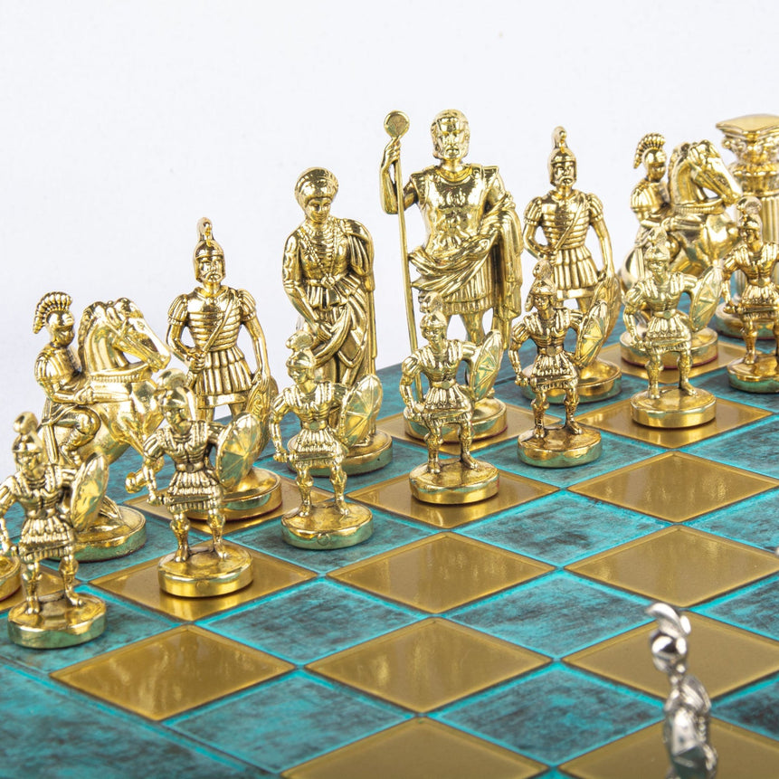 GREEK ROMAN PERIOD CHESS SET with gold/brown chessmen and bronze chessboard - 44 x 44cm (Large) - LAZADO