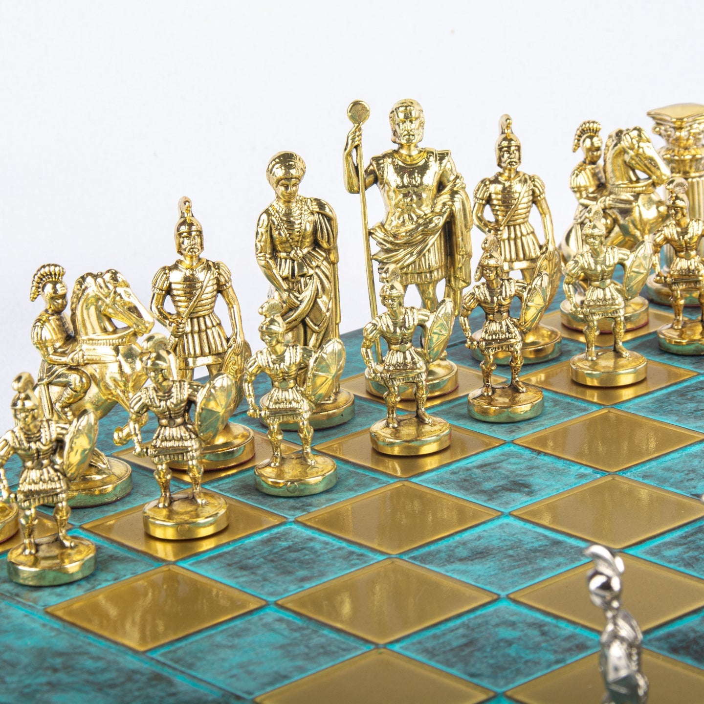GREEK ROMAN PERIOD CHESS SET with gold/brown chessmen and bronze chessboard - 44 x 44cm (Large) - LAZADO