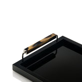 ISSACO - Tray: wood with lacquered black gloss finish. Handles: dark horn and chromed brass by Arcahorn - Main View