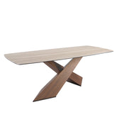 Oval dining table with barrel-shaped porcelain marble and walnut top