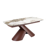 Extendable barrel oval dining table in porcelain marble and copper-brown steel