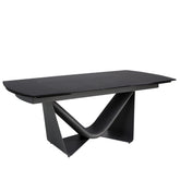 Extendable barrel oval dining table in black glass, steel, dark grey fiberglass and metal