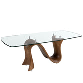 Barrel-shaped oval dining table in tempered glass and walnut