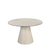 Round dining table in porcelain marble and wood covered with a flexible porcelain marble sheet