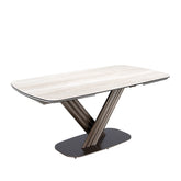 Extendable barrel oval dining table in porcelain marble and dark metallic brown steel