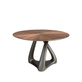 Round dining table in walnut, dark grey fiberglass and metal