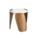 Round corner table in porcelain marble and bronze-coloured steel