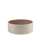 Round coffee table in walnut and wood upholstered in sand-coloured leatherette