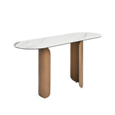 Oval half-round console table in porcelain marble and bronze-coloured steel