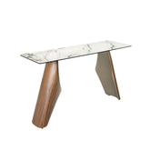 Rectangular console table in porcelain marble, metallic sand steel and walnut