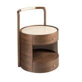 Walnut bedside table with cream-coloured leather top