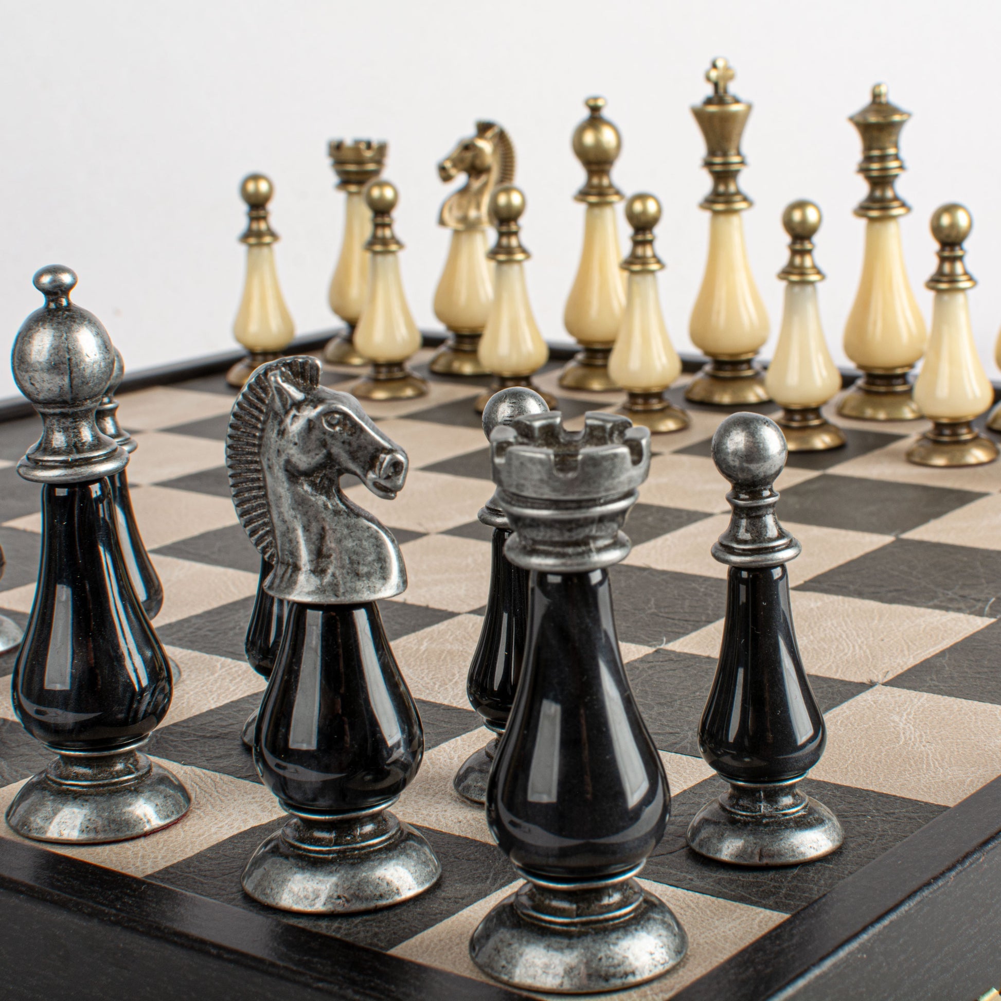 Luxury Leather Chess Set with Brass and Pewter Finish Chessmen
