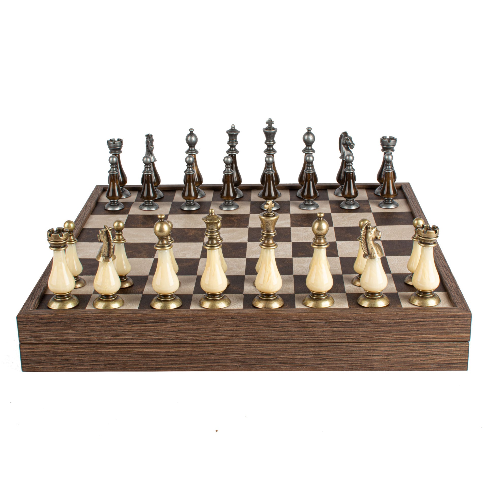 Luxury Leather Chess Set with Brass and Pewter Finish Chessmen