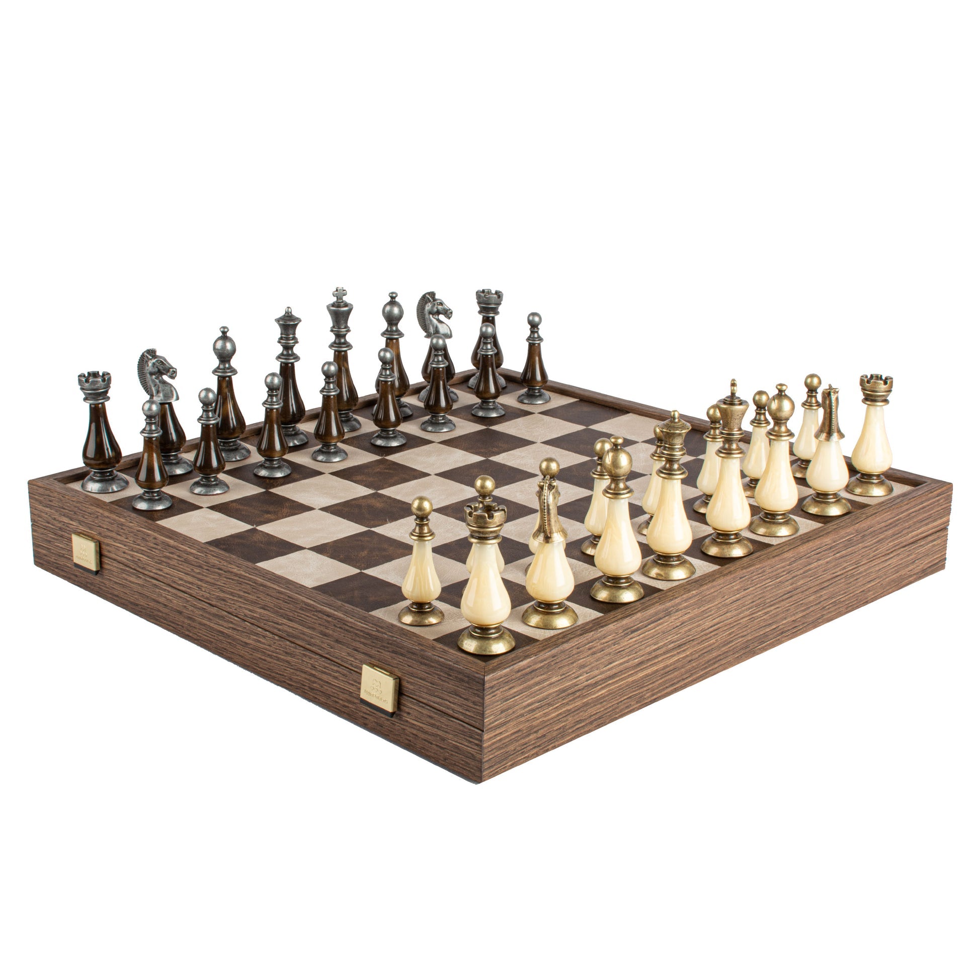Luxury Leather Chess Set with Brass and Pewter Finish Chessmen
