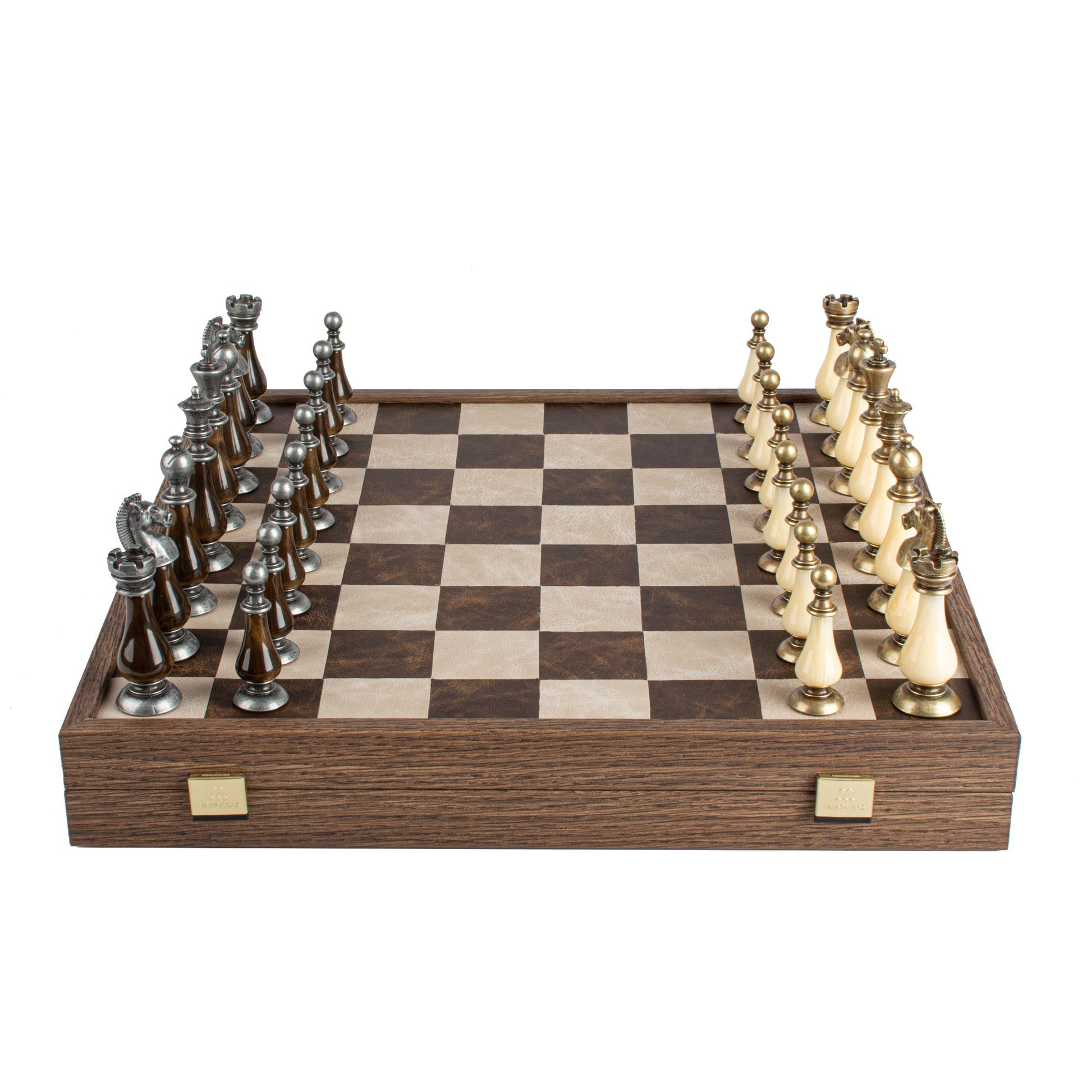 Luxury Leather Chess Set with Brass and Pewter Finish Chessmen