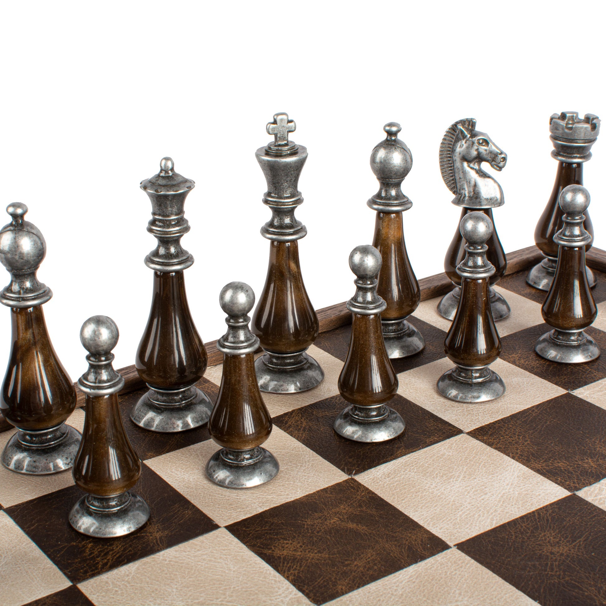 Luxury Leather Chess Set with Brass and Pewter Finish Chessmen