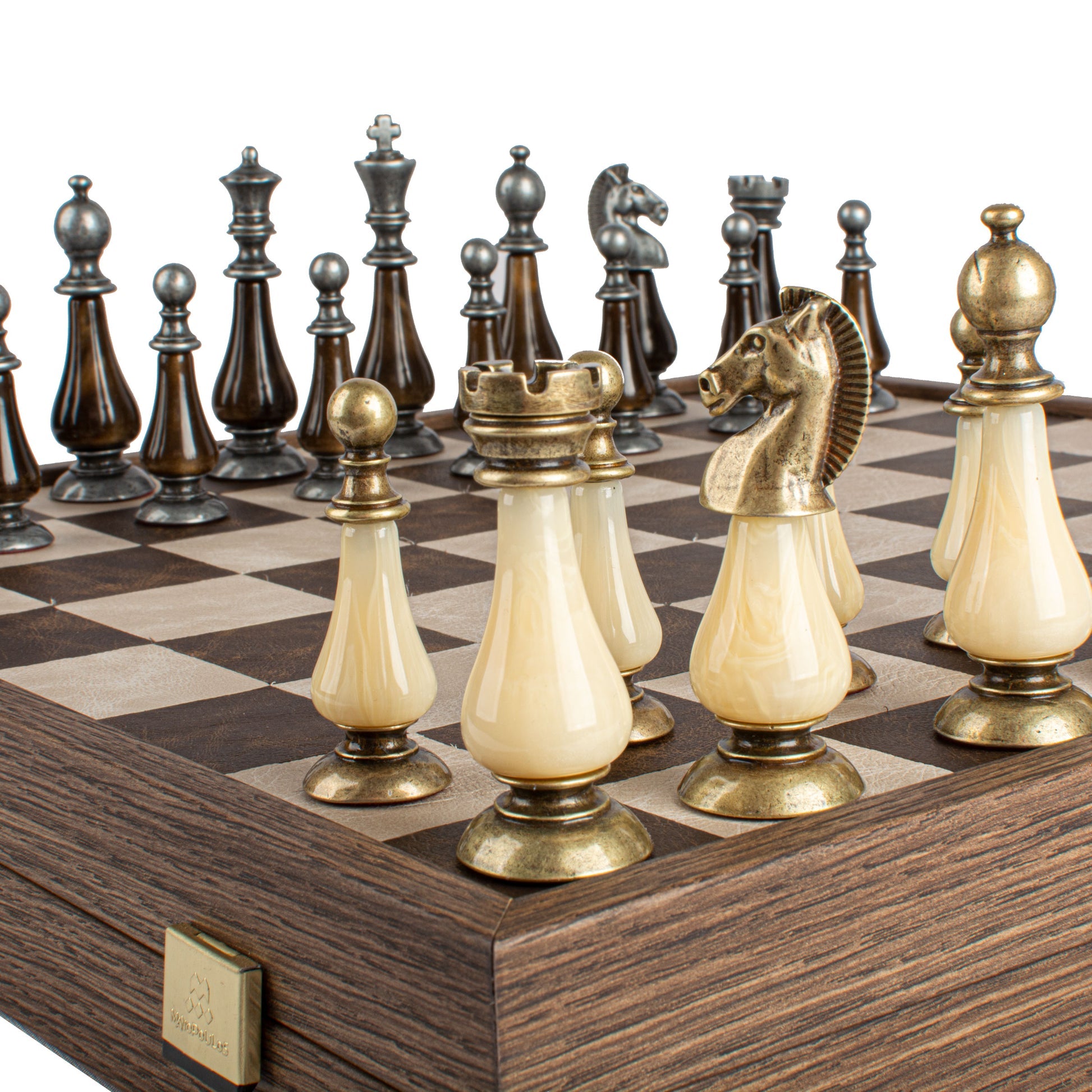 Luxury Leather Chess Set with Brass and Pewter Finish Chessmen