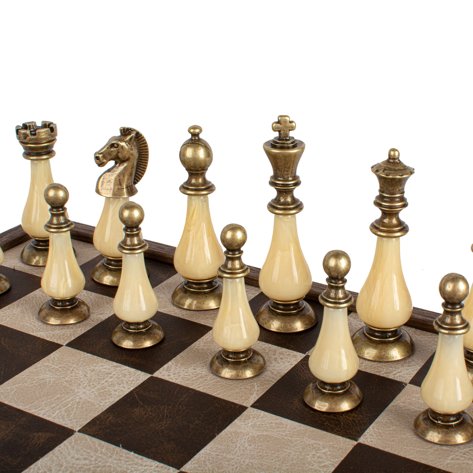Luxury Leather Chess Set with Brass and Pewter Finish Chessmen