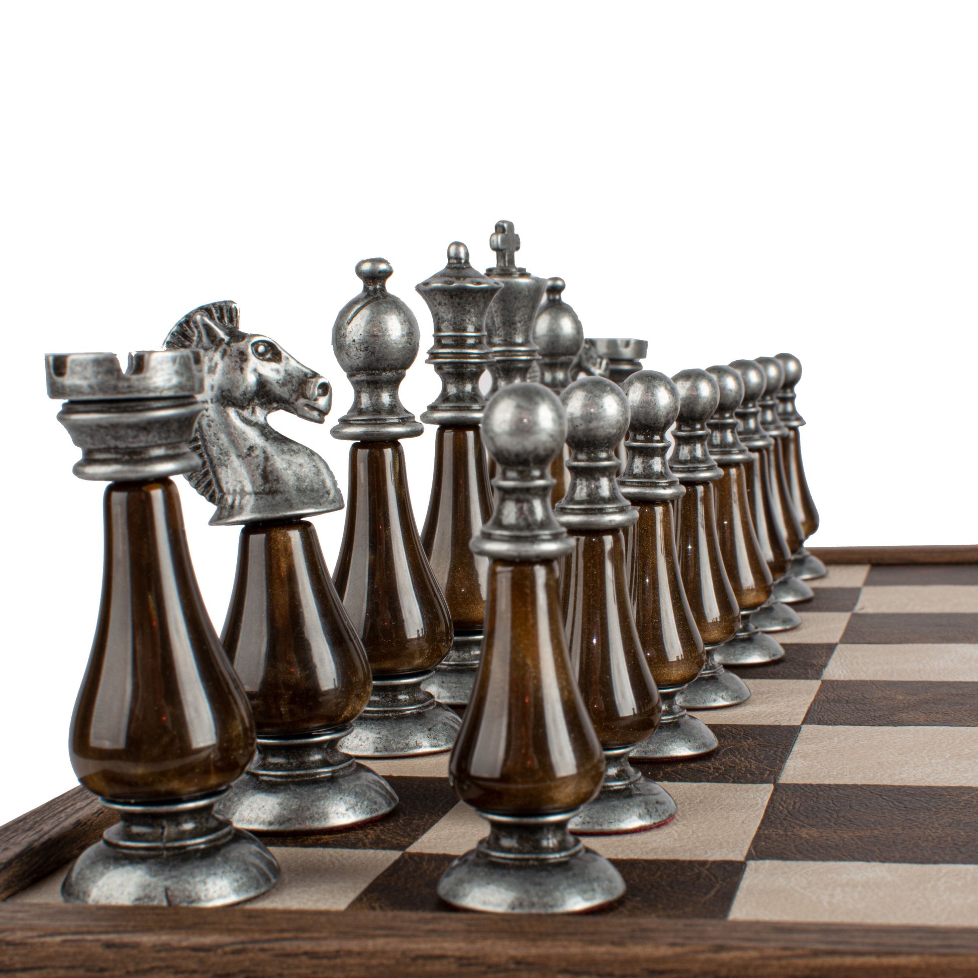 Luxury Leather Chess Set with Brass and Pewter Finish Chessmen