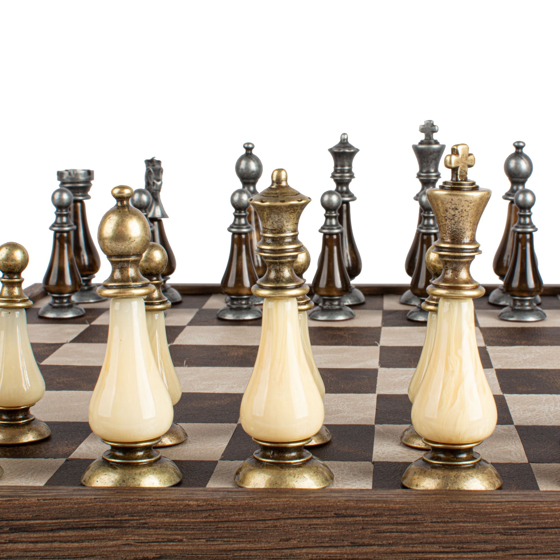 Luxury Leather Chess Set with Brass and Pewter Finish Chessmen