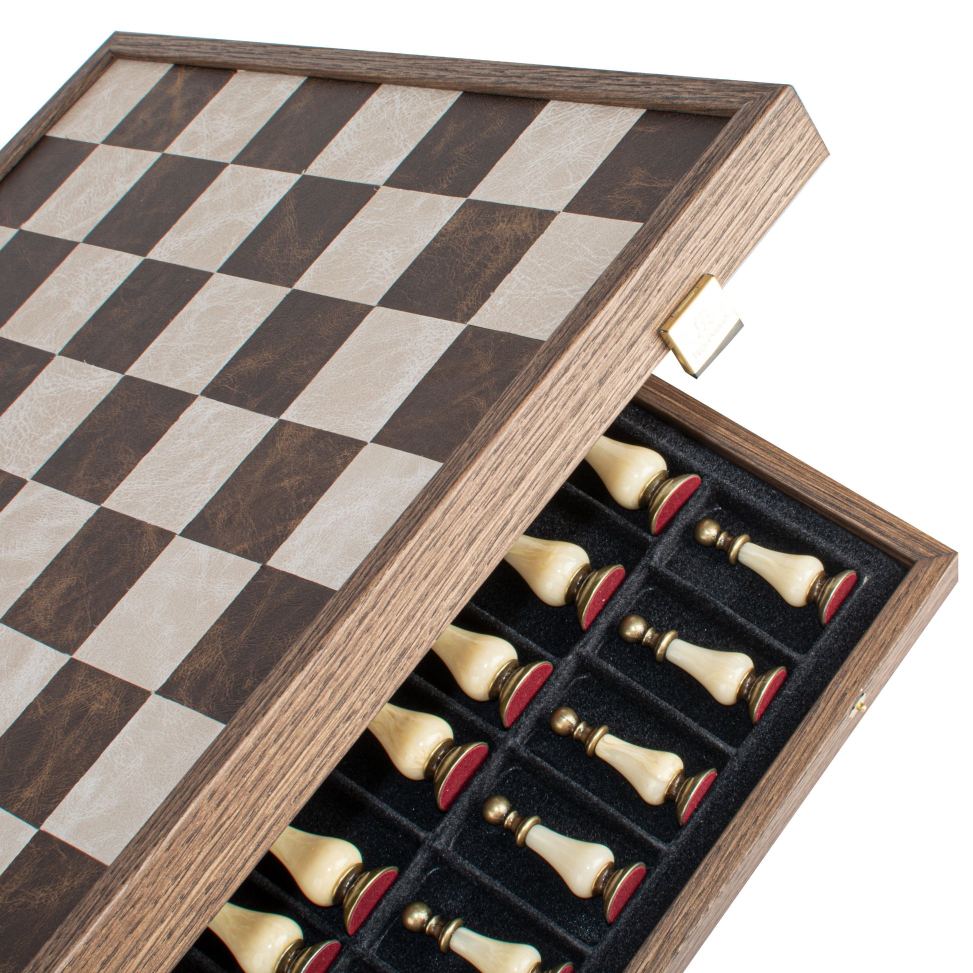 Luxury Leather Chess Set with Brass and Pewter Finish Chessmen
