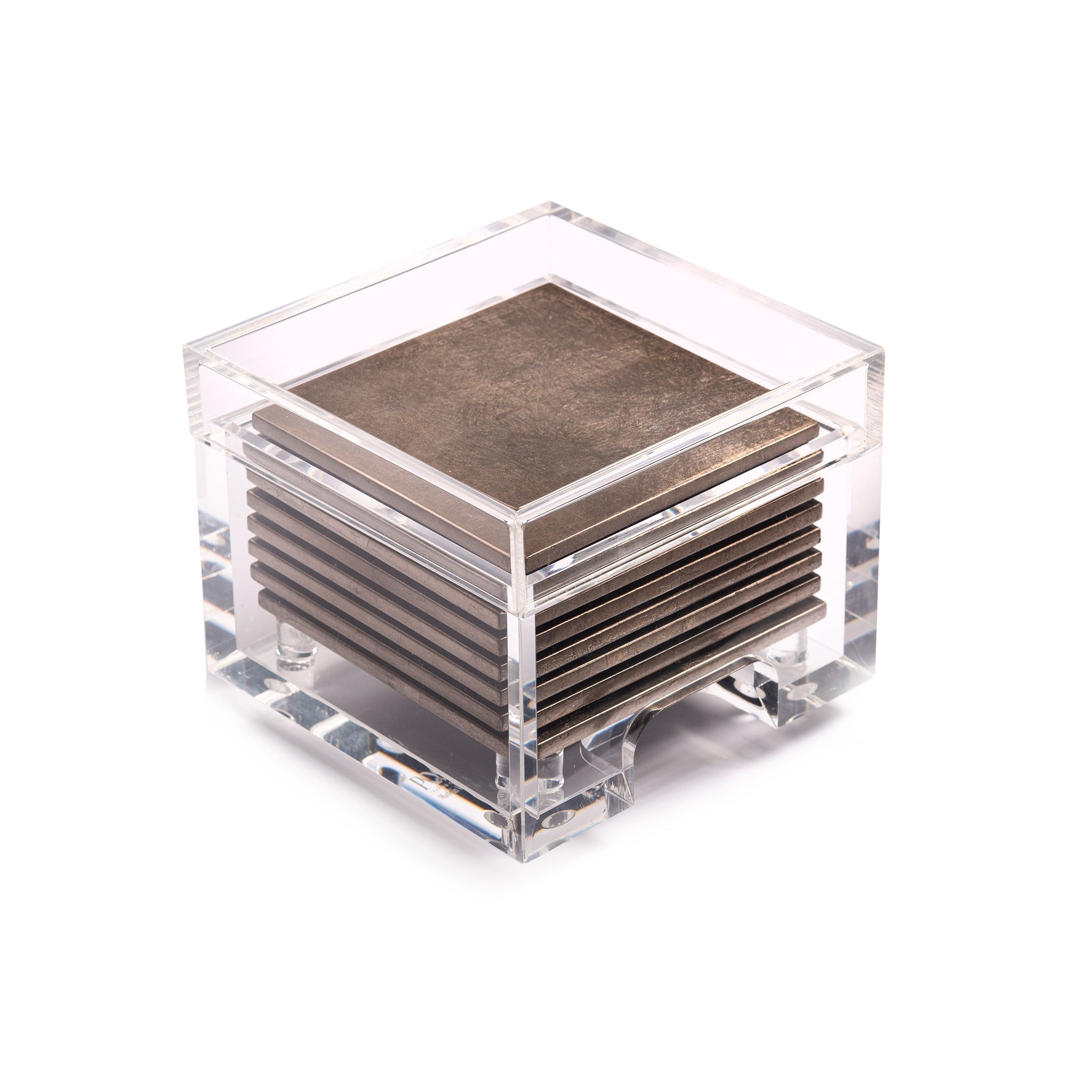 Stack of square tiles in a clear acrylic holder on a white background