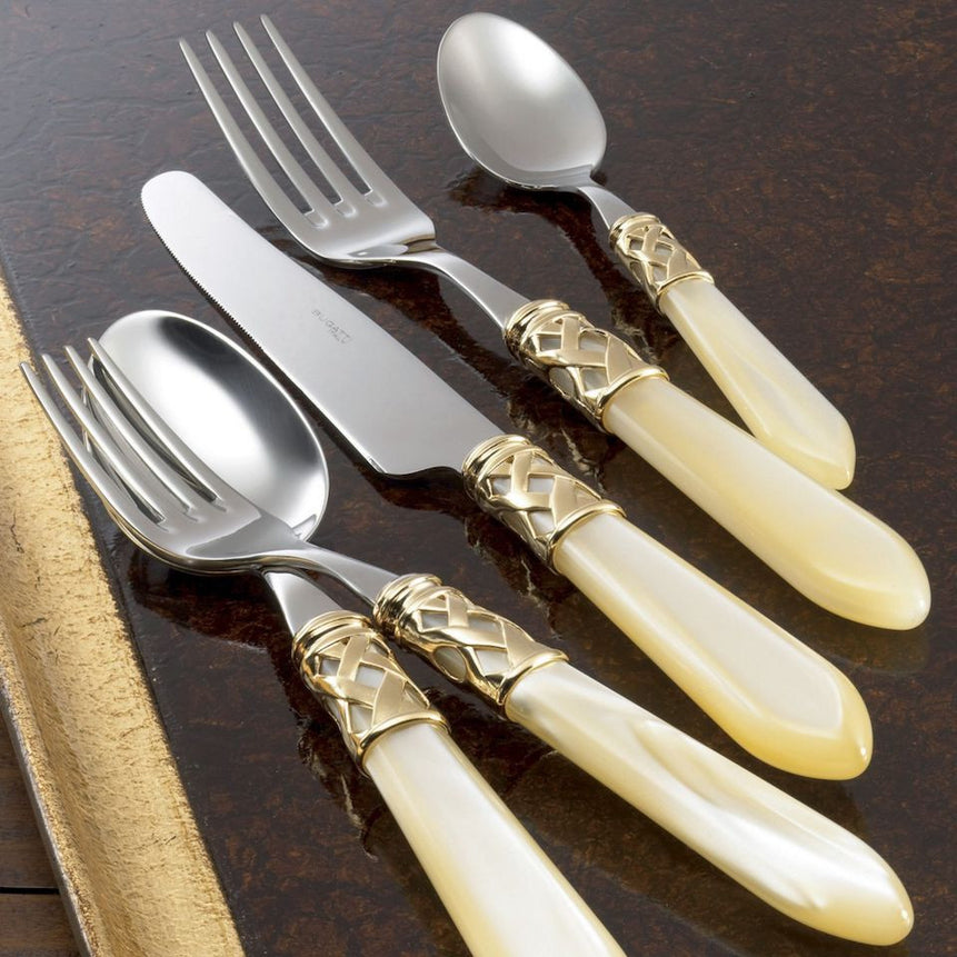 Aladdin Chromed Ring Cutlery Set – 75 Pieces – Nacreous Blue – Wengé Wood Box