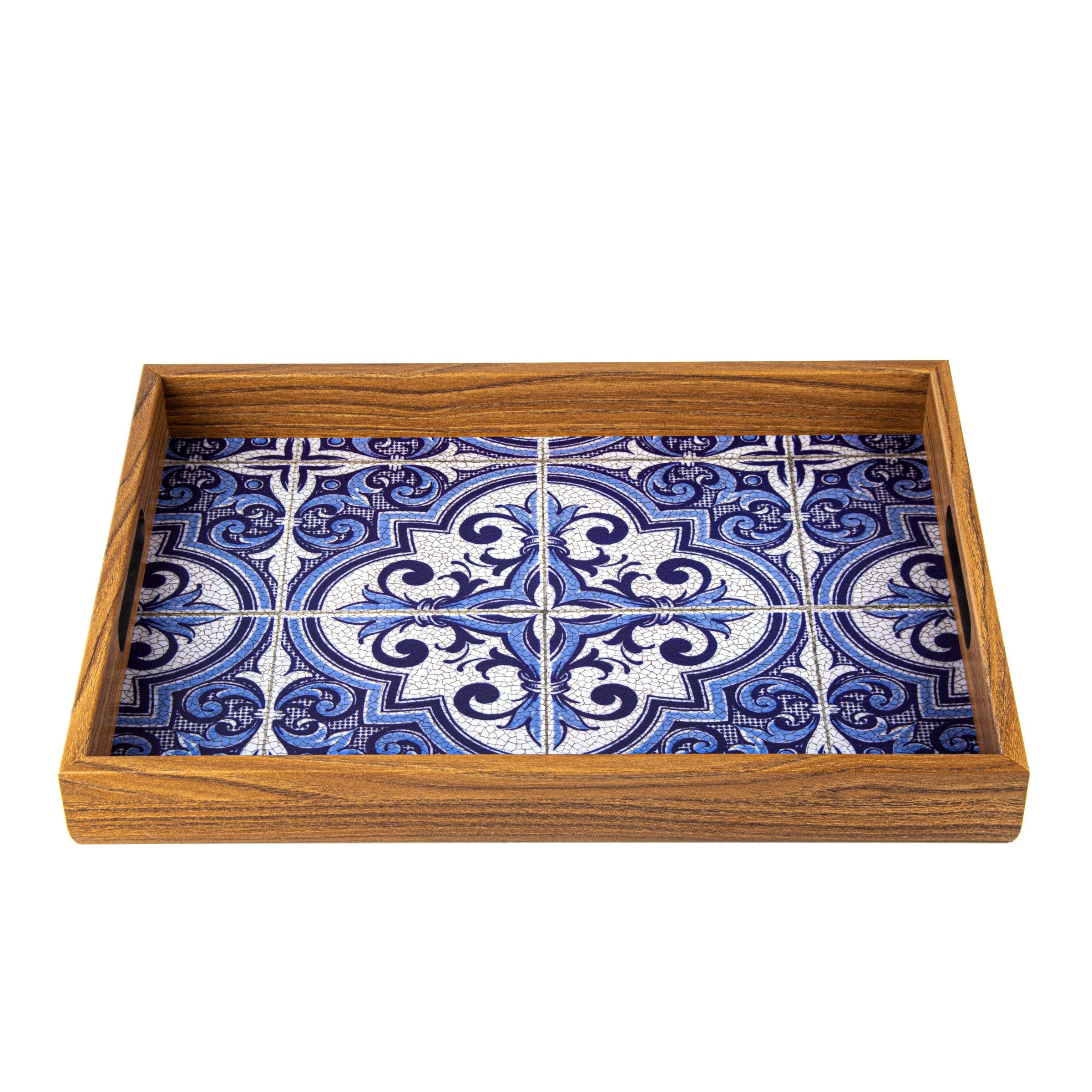 WOODEN TRAY with printed design - BLUE MOSAIC - LAZADO