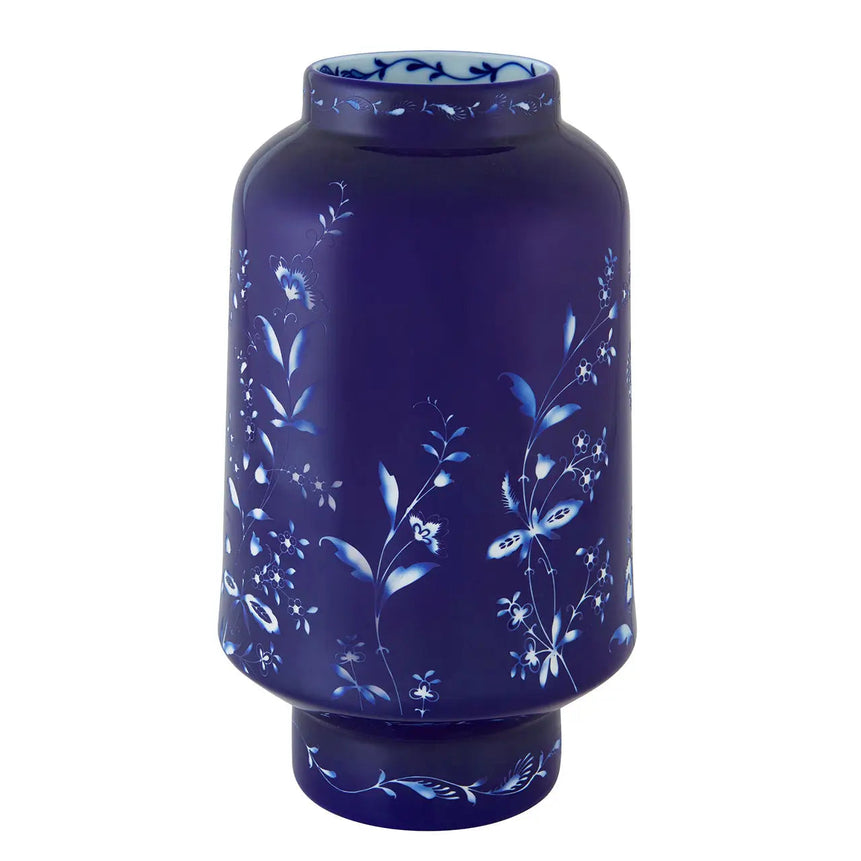 Blue vase with floral patterns on a white background